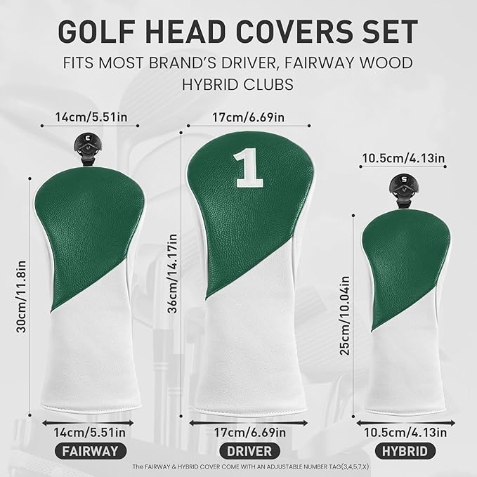 FINGER TEN Golf Club Head Covers for Woods Driver Fairway Hybrid with Interchangeable Number Tag 1 3 5 Premium Leather Headcovers for Women Men