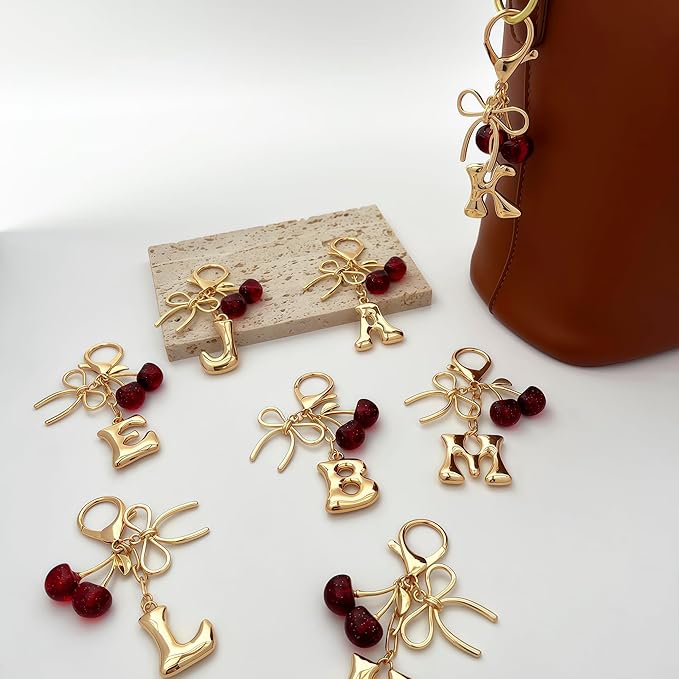 Gold Bubble Heart, Cherry, Bow & More Designs Letter Initial Keychain Bag Charms – Cute Purse Charms for Handbags