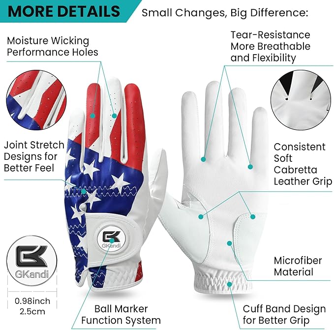 Golf Gloves Men Right Handed Golfer Left Hand Leather Stylish Value 2 Pack with Ball Marker, Mens Golf Glove All Weather Grip, Size Small Medium ML Large XL