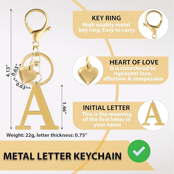 Metal Heart Alphabet Keychain for Women, Girls - Cute Initial Letter Accessories for Purse, Bag Charms and Backpack