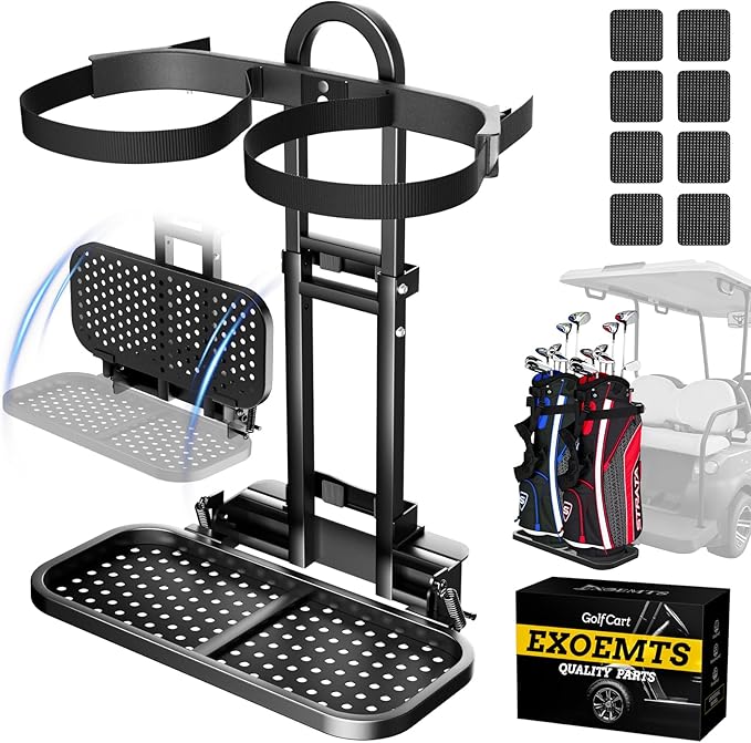 Universal Foldable Golf Cart Rear Seat Bag Holder, Upgraded Golf Cart Rear Seat Bag Rack Fits 8-Inch Max Width Safety Grip Bar, for EZGO Club Car Yamaha, Preinstalled, Space-Saving, No-Drill