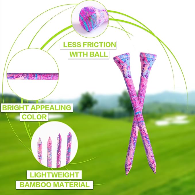 FINGER TEN Golf Tees Stylish Bamboo Wooden Coloured Painted Value 100 Pack, Durable 3 1/4 2 3/4 1 1/2 Inch Long Short Tee, Cool Style Purple Pink Green Enhanced Visibility for Men Women