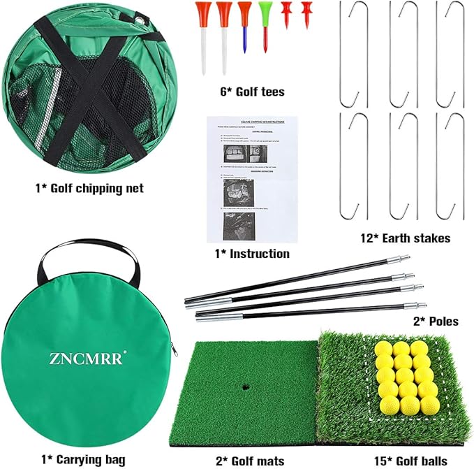 Pop Up Golf Chipping Net, Indoor/Outdoor Golfing Target Net Collapsible Portable Golf Hitting Net with 15 Training Balls and 2 Hitting Mats for Backyard Driving and Swing