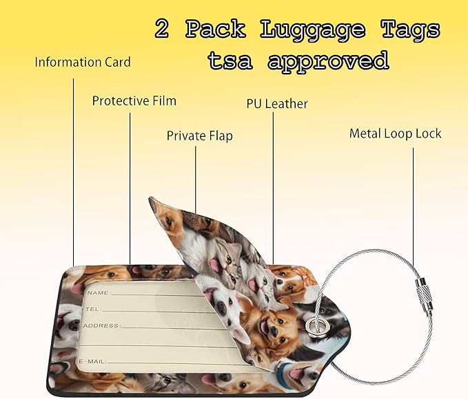 TSA Approved Luggage Tags for Suitcases Cat and Dog 2 Pack Funny Leather Carnival Cruise Airport Cute Travel Name Tags Golf Bag tag Ships Essentials Privacy Cover ID Label for Women Men