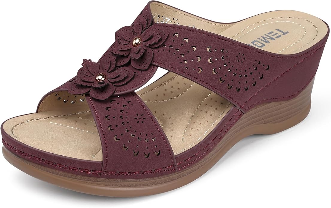 TEMOFON Womens Wedge Sandals Leather: Dressy Sandal, Rubber Sole, Comfortable Walking, Casual Slip on Summer Shoes, Size 5-11