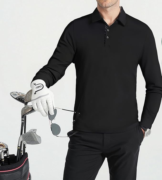 Alex Vando Mens Golf Shirt Moisture Wicking Quick-Dry Solid Long Sleeve Polo Shirts for Men