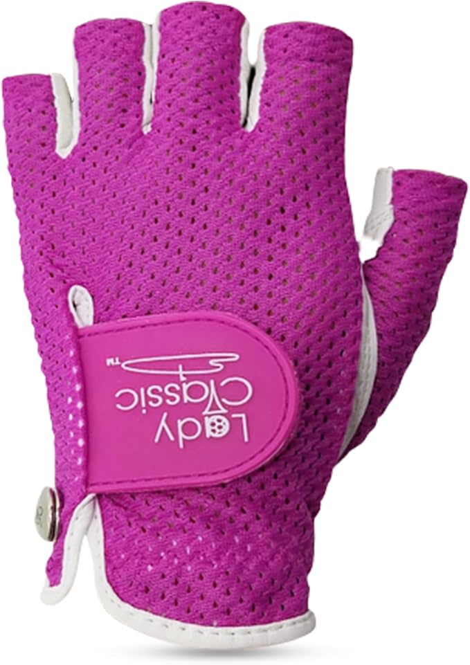 Mesh Half Golf Glove for Women – Premium Cabretta Leather Palm, Breathable Mesh Back, Half-Finger Design Ladies Golf Glove for Enhanced Grip & Comfort