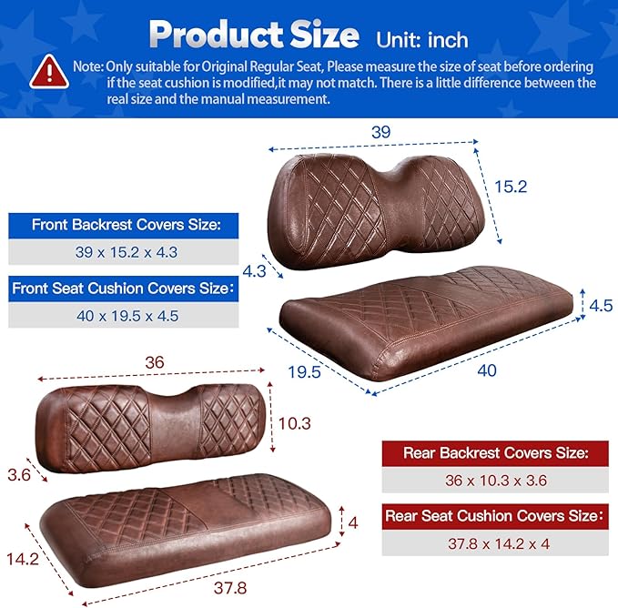 NOKINS 4PCS Golf Cart Seat Covers Kit, Front and Rear Seat Covers Fits Club Car Precedent Standard Seat Cushion, Club Car Vinyl Seat Covers Accessories, No Staples (Brown Brown 8438)
