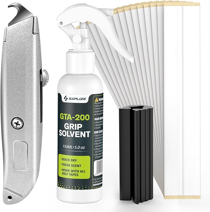 SAPLIZE Pro Golf Grip Repair Kit – Includes 5oz GTA-200 Golf Grip Solvent, 15 Golf Grip Tape,Retractable Hook Blade and Rubber Vise Clamp for Regripping Golf Club Grips