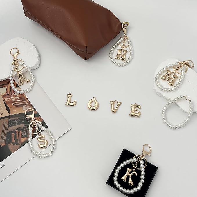 Gold Bubble Heart, Cherry, Bow & More Designs Letter Initial Keychain Bag Charms – Cute Purse Charms for Handbags