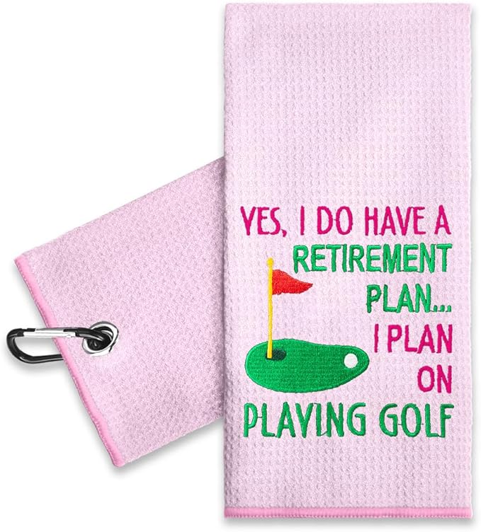 ERHACHAIJIA Yes I'd Have A Retirement Plan Embroidered Golf Towel with Clip. Funny Golf Accessories Gifts for Women Golfer Grandma Mom Aunty, Retirement (Pink)