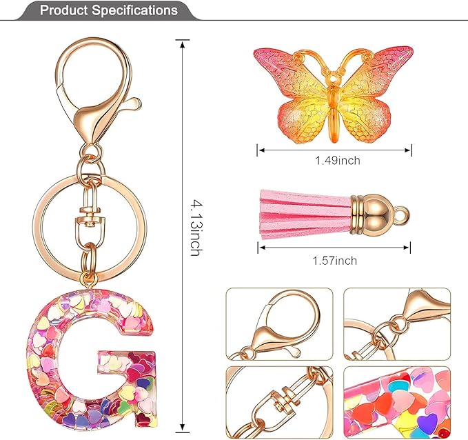 JINGUAZI Initial letter Keychains for Women Tassel Butterfly Pink Purple Cute Car Keychain for Wallet Backpack bag charm