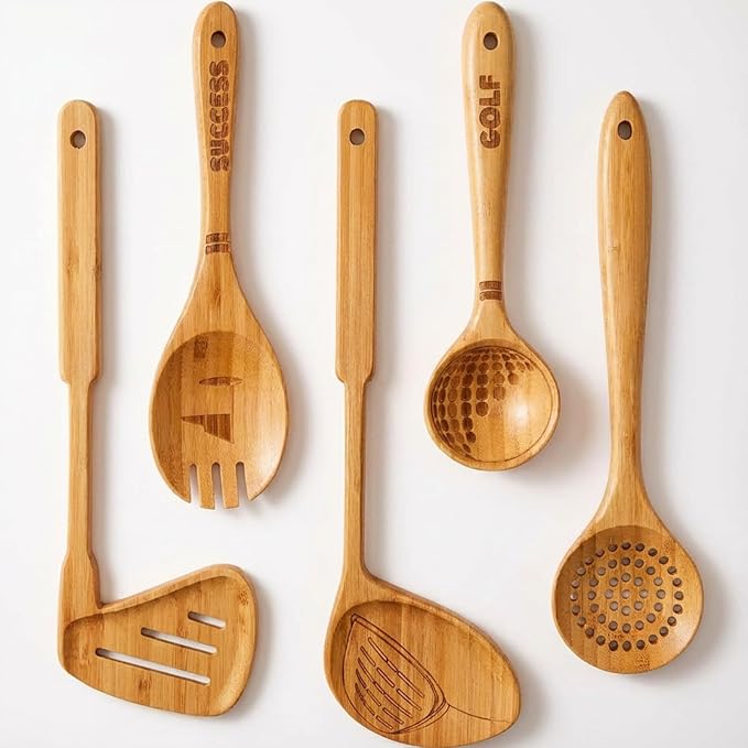 5 Pcs Golf-club Style Kitchen Utensil Set Bamboo Spatula Soup Spoon Fun Golf Themed Kitchen Utensil Set for Gift Funny Birthday Gifts for Men Women Golfers Christmas Birthday