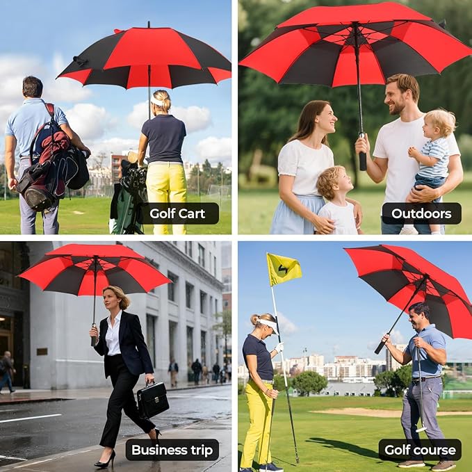 LLanxiry Automatic Open Golf Umbrella 54/62/68/72 Inch, Extra Large Windproof Vented Double Canopy Stick Umbrella, 210T Pongee Waterproof SPF 50+, Fiberglass Ribs, EVA Grip for Golf & Commute