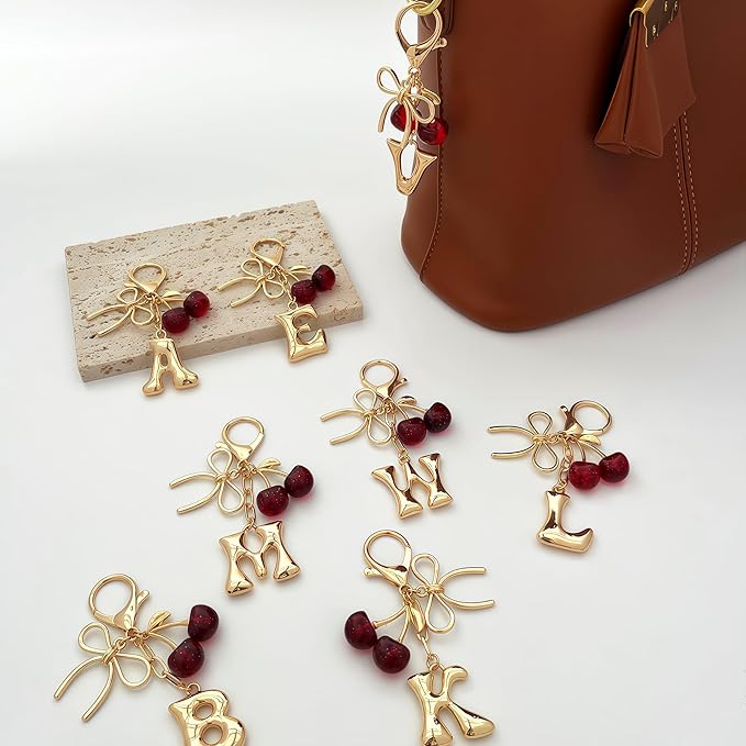 Gold Bubble Heart, Cherry, Bow & More Designs Letter Initial Keychain Bag Charms – Cute Purse Charms for Handbags