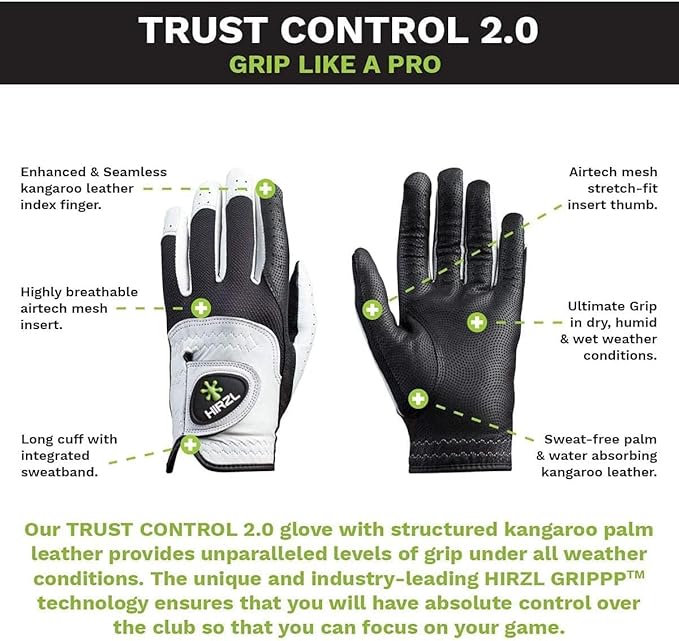 HIRZL Trust Control 2.0 Golf Gloves, All Weather Mens Golf Glove, White/Black, Kangaroo Leather Palm, Cabretta Leather Backhand, Trusted by Pro’s, Sweat Free, Ultimate Grip
