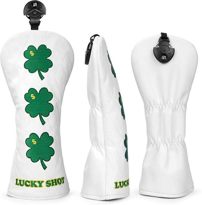 Golf Club Covers, 1pc or 3pcs Golf Headcovers Set 1 3 h, White PU Leather Driver Headcover, 3 Wood Cover, Hybrid Headcover Lucky Clover Style Golf Club Protective Case