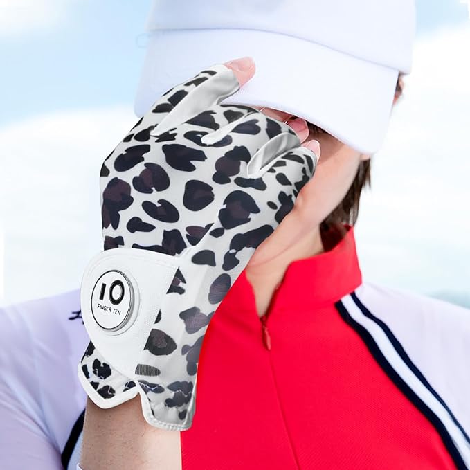 FINGER TEN Stylish Golf Gloves Women with Ball Marker 1 Pack for Left or Right Hand, Breathable Glove with Fashion Patterns for Ladies Right Left Handed Golfer