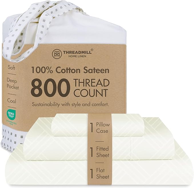 Threadmill Twin Bed-Sheets - 800 Thread Count Jacquard Celine Ivory 100% Natural Cotton 3 Piece Striped Bed Set, Extra Long Staple Cotton, Comfy Damask Sheets with Elasticized Deep Pocket