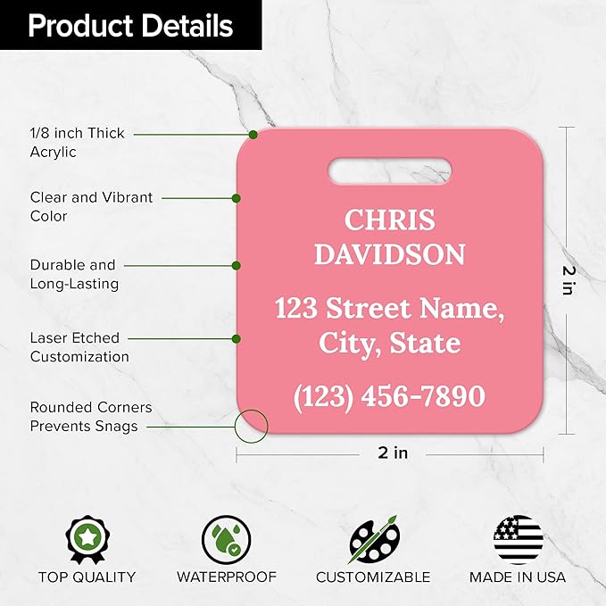 Custom Luggage Tags, Personalized Name Address for Suitcases,Backpack, Handbag, Travel Equipment Tag, 2x2 Inches, Acrylic Heavy Duty Waterproof, Made in The USA by My Sign Center- Pink