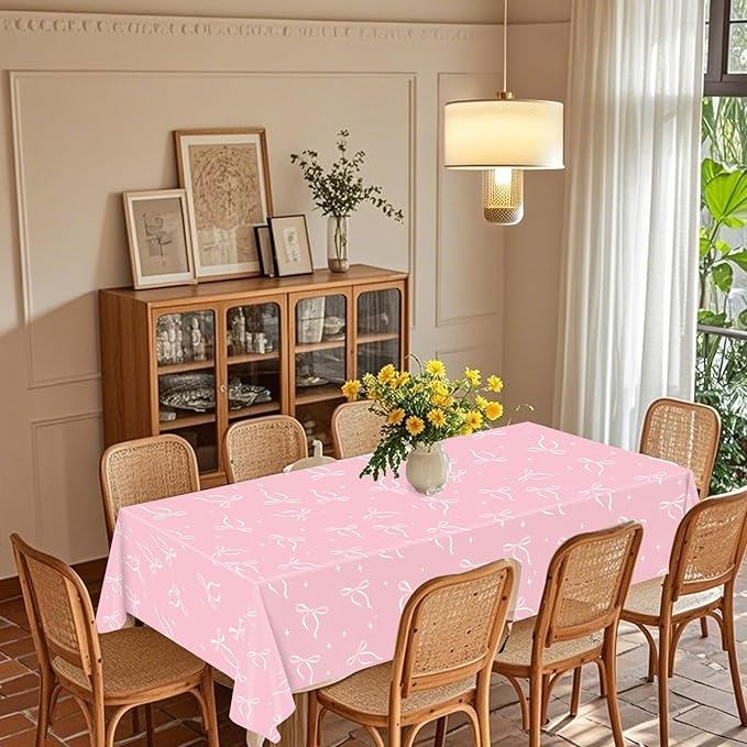 4 Pack Pink Bow Tablecloth, Coquette Birthday Decorations, Bow Disposable Table Cover for Wedding Engagement Bridal Birthday Decorations, 54 x 108 Inch