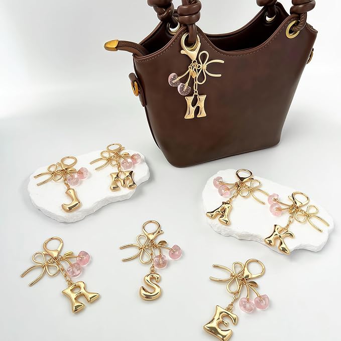 Gold Bubble Heart, Cherry, Bow & More Designs Letter Initial Keychain Bag Charms – Cute Purse Charms for Handbags