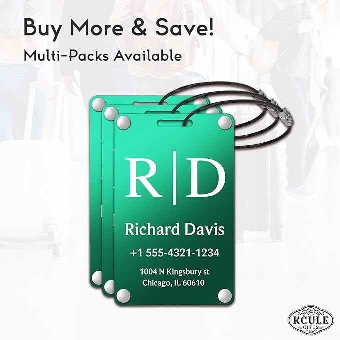 Personalized Luggage Tags for Suitcases - Monogram Style Aluminum Custom Luggage Tags for Backpacks & Bags, Sturdy, Waterproof & Heavy Duty (Green/Card-Sized)