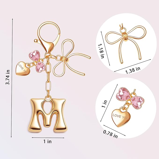 Gold Bubble Initial Keychain with Bow Decoration Bag Charms for Women, Cute Purse Handbag Accessories Gift
