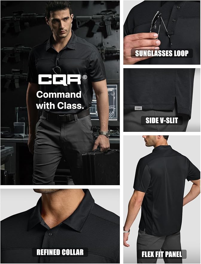 CQR Men's Polo Shirts, Tactical Short Sleeve Golf Performance Shirts, Lightweight Dry Fit UPF 50+ Pique