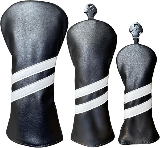 3pcs Golf Wood Head Covers Headcovers Set includes Driver Headcover fits up to 460cc Drivers, Rotatable Golf Fairway Wood Headcover and Hybrid Head Cover