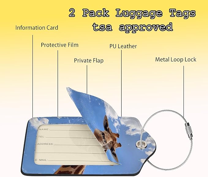 TSA Approved Luggage Tags for Suitcases Giraffe Blue Sky 2 Pack Funny Leather Carnival Cruise Airport Cute Travel Name Tags Golf Bag tag Ships Essentials Privacy Cover ID Label for Women Men
