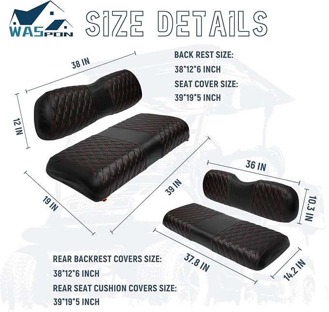 4PCS Golf Cart Diamond Seat Covers Kit, Fits Club Car DS 2000.5-up Golf Cart Vinyl Replacement Seat Cover （Black Stitching, No Stapler, Easy to Clean）