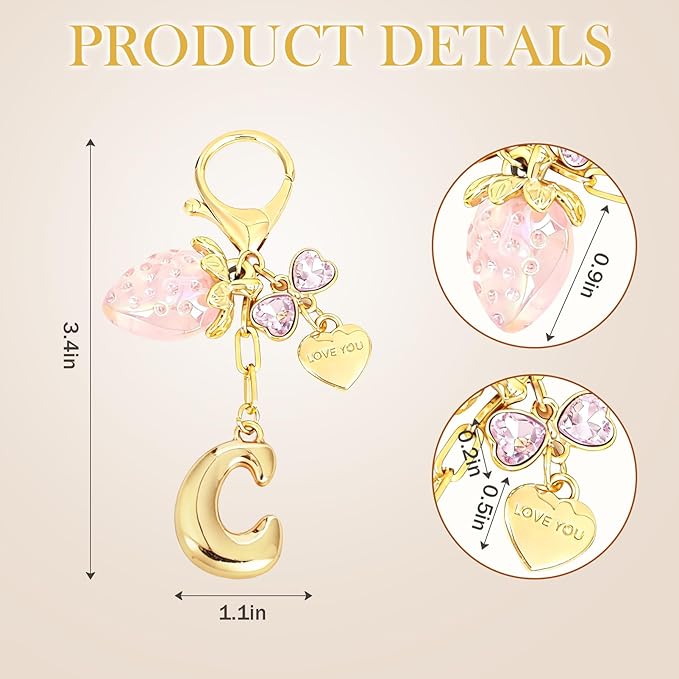 Snycler Bubble Initial Keychain with Strawberry & Bow- Gold Letter Bag Charms for Women, Cute Purse Handbag Accessories