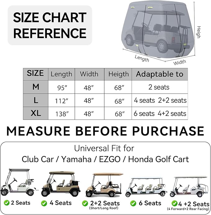 800D Waterproof Golf Cart Cover 2/4/6 Passenger, Heavy Duty Solution-Dyed Polyester UPF 50+, Universal Fits for EZ GO Yamaha Club Car (Gray, Fit for 2 Passenger Cart)