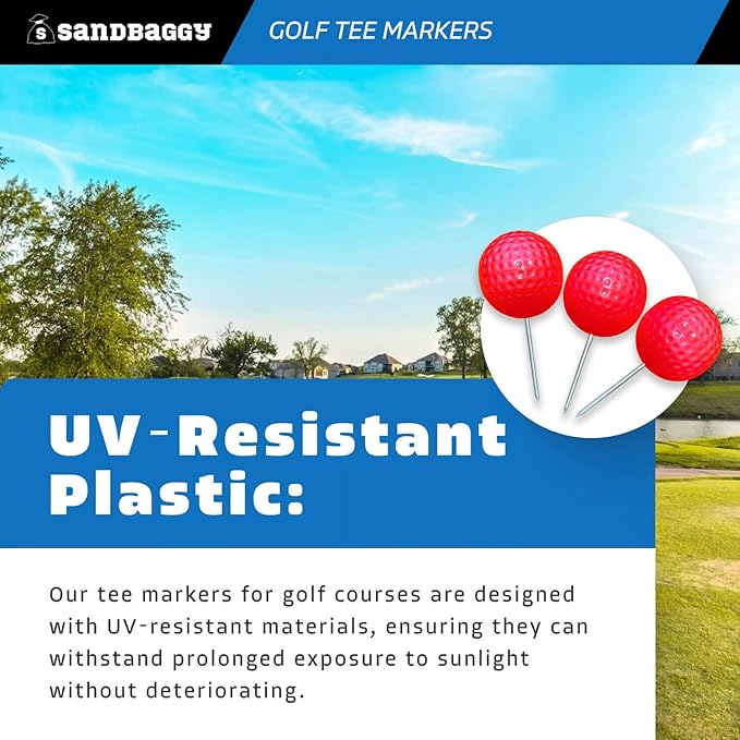 Sandbaggy Plastic Tee Markers for Golf Course (UV Resistant) - Steel Spike - Safety Caps Included