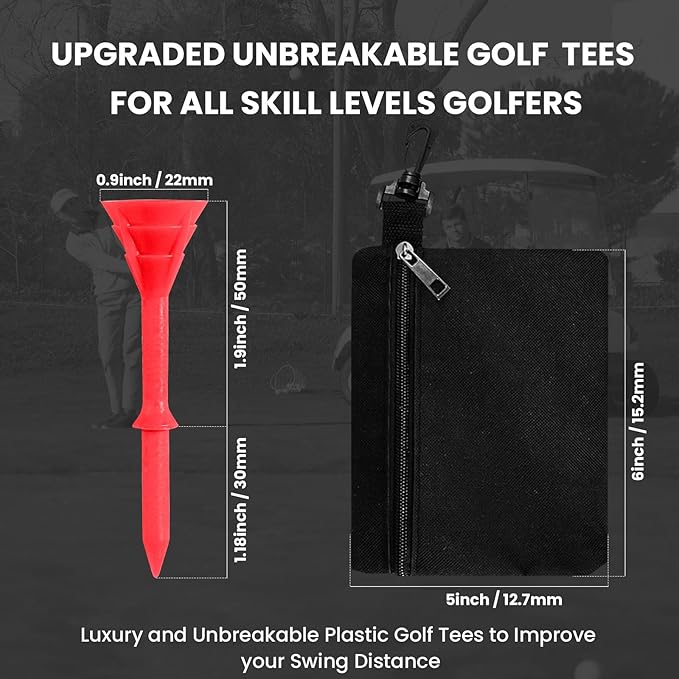 Golf Tees Plastic 3 1/4 inch Unbreakable 30 Pack with Pouch Bag, Durable Stable Available 83 mm Long Tee for Golfer Practice