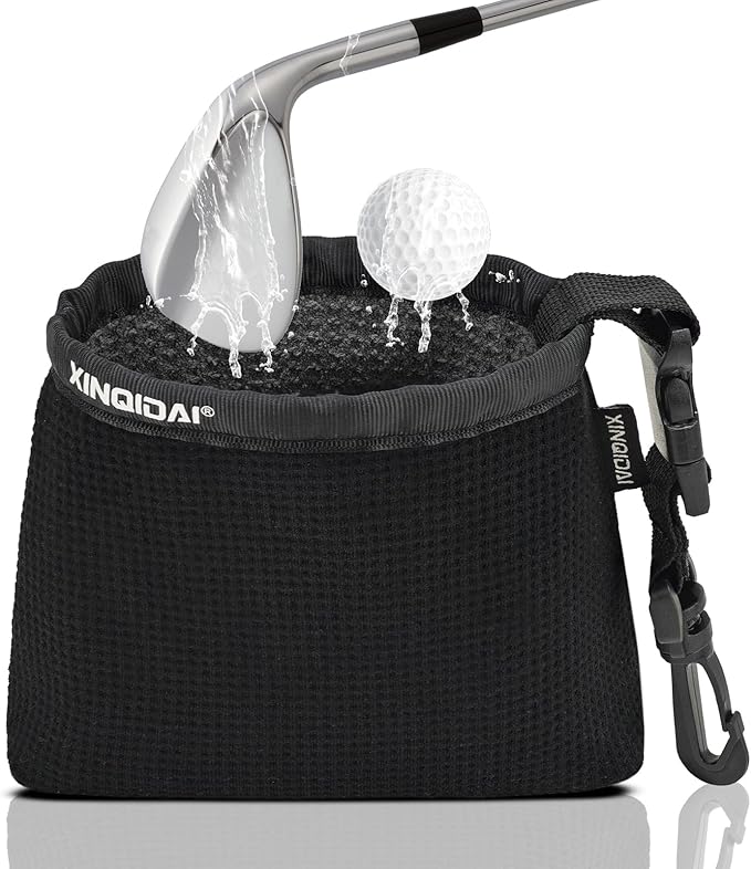 Golf Club and Golf Ball Cleaning Bag - Cleans Club Grooves, Golf Bag Accessories,Waterproof Clean Face Tech, Detachable Clip, Machine Washable,Golfer Gifts for Men(1-Pack,BLACK)