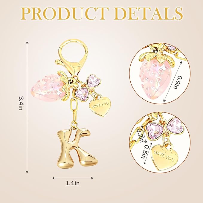 Snycler Bubble Initial Keychain with Strawberry & Bow- Gold Letter Bag Charms for Women, Cute Purse Handbag Accessories