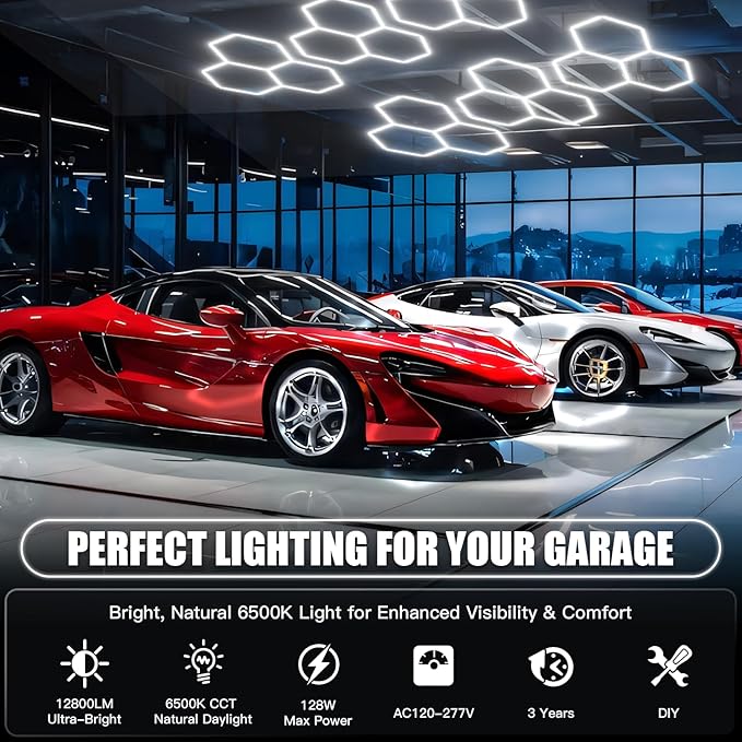 JTT Hexagon Garage Lights,16Pack 128W LED Garage Hexagon Lights,3 Grids 6500K Super Bright Car Detailing Ceiling LED Shop Light for Warehouse Workshop Gym Exhibition Hall Basement Car Care