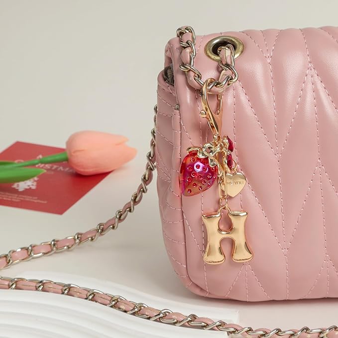 Snycler Bubble Initial Keychain with Strawberry & Bow- Gold Letter Bag Charms for Women, Cute Purse Handbag Accessories