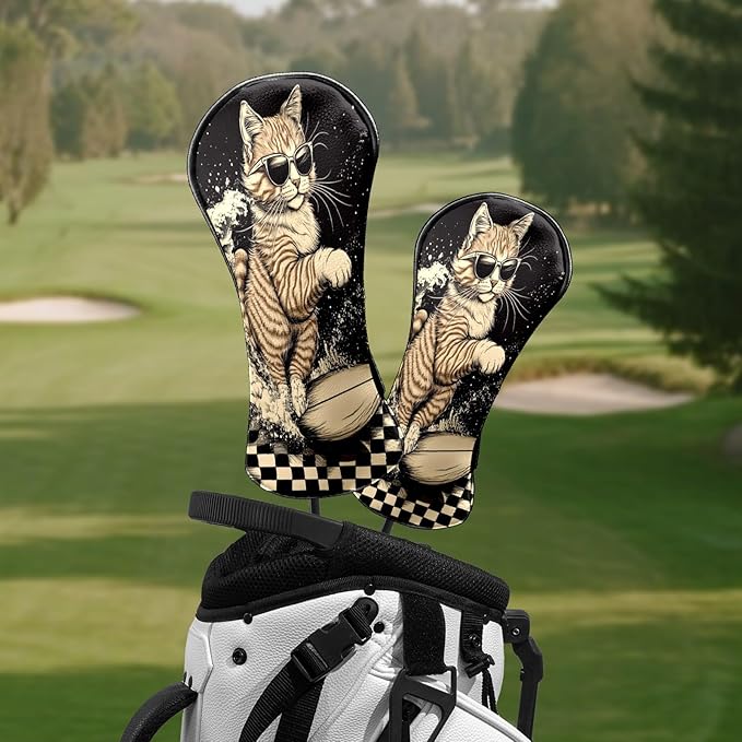 Premium Leather Golf Club Headcovers,Orange Cat Fits Driver Hybrid Fairway 3/5 Wood,with Scratch-Resistant Lining, Gift for Men and Women
