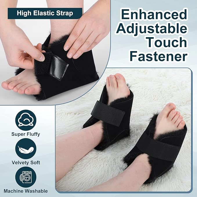 2 Pcs Heel Protectors for Pressure Sores Sheepskin Heel Pads Soft Foot Cushions Pad Protectors Adjustable Foot Pillows with Securing Strap for Bed Sore Ankle Ulcers(Black)