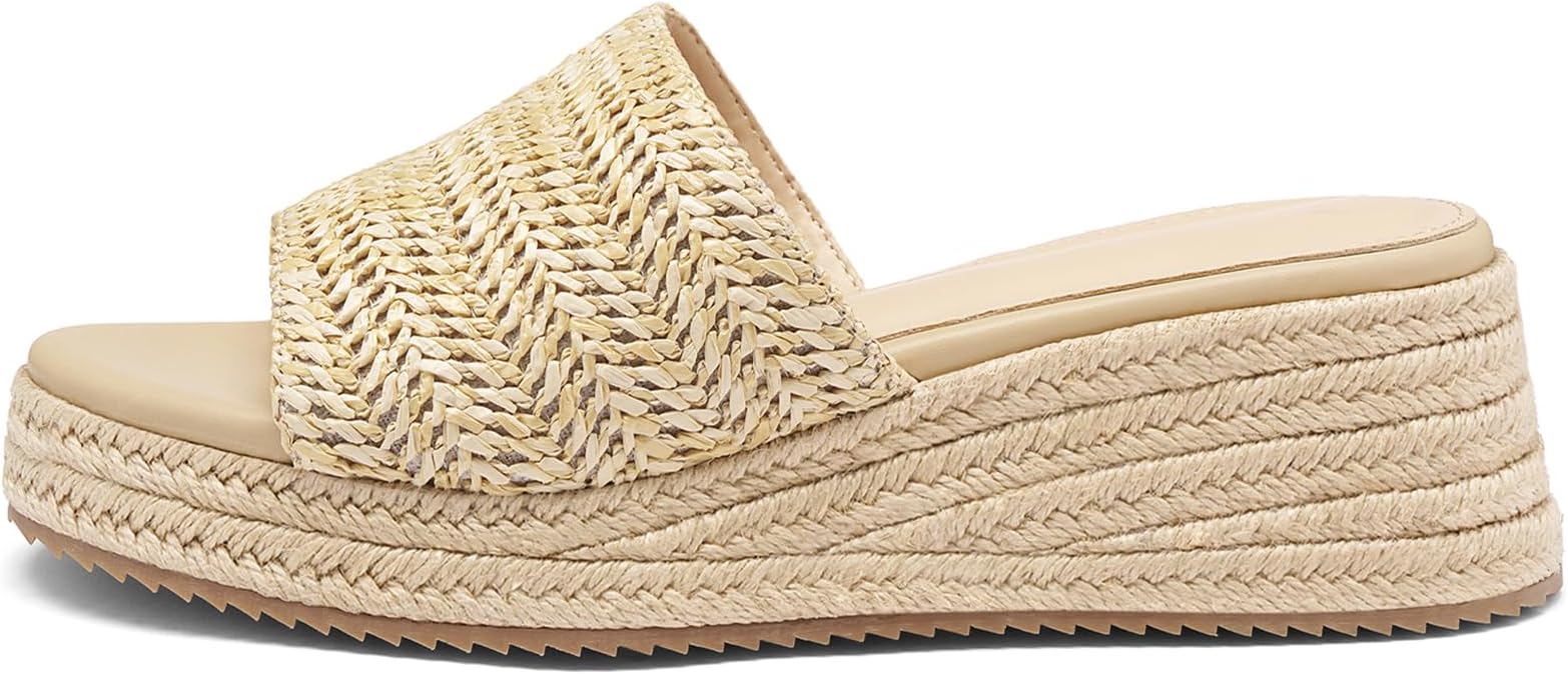 Platform Sandals Women Raffia Slip On Wedge Sandals,Comfortable Summer Wicker Espadrilles,Straw Beach Vacation Slides Shoes