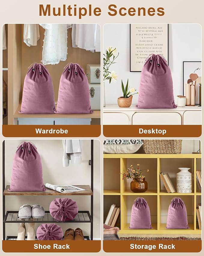 FantasyLife Shoe Bags for Travel, Washable Dust Bags for Storage & Packing, Flannel Shoe Pouch with Drawstring Closure for Purses, Handbags, Shoes & Toys (4, Parfait Pink)