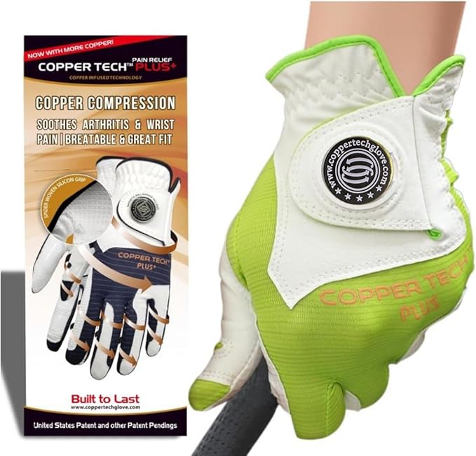 Copper Infused Womens Golf Glove White/Lime – Compression Fit, Non-Slip Silicon Grip, Arthritis Relief, Muscle Support, USGA Approved