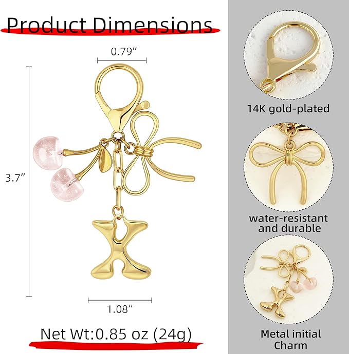 Gold Bubble Heart, Cherry, Bow & More Designs Letter Initial Keychain Bag Charms – Cute Purse Charms for Handbags
