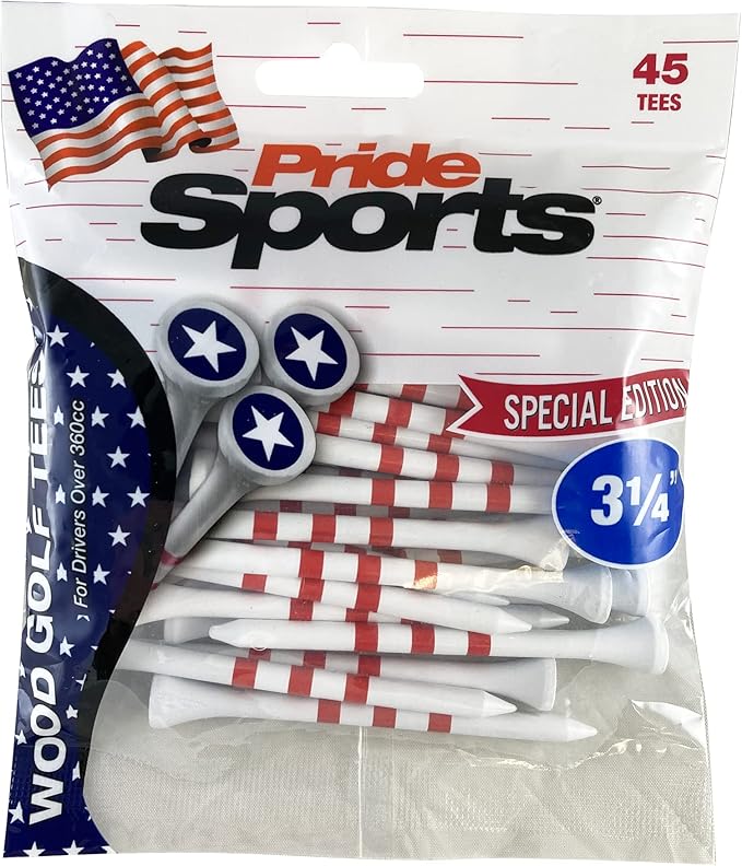 PrideSports 3-1/4" Pride Performance Wood Golf Tees - Special Edition Stars and Stripes - 45 Count - Designed for Less Friction and Longer Drives - Made in The USA