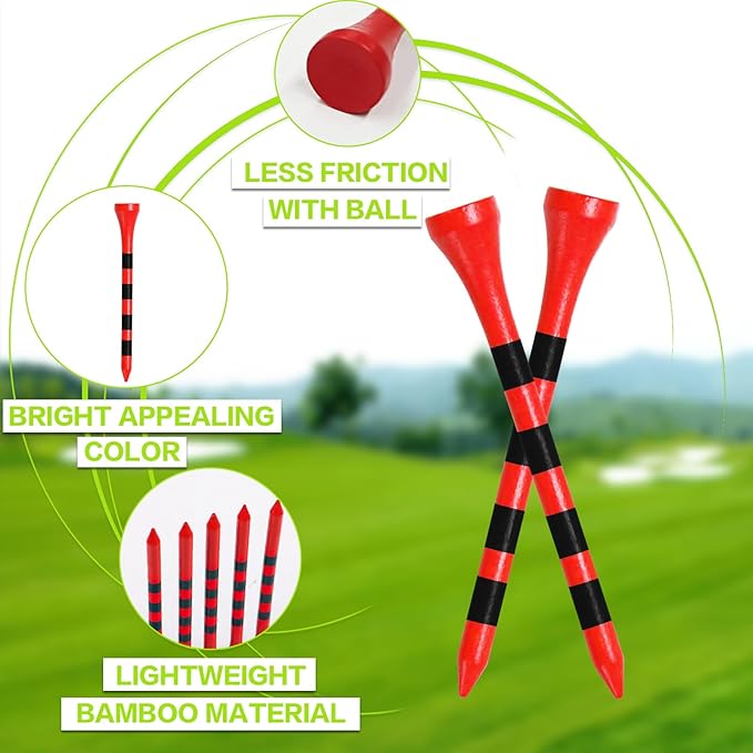 FINGER TEN Golf Tees Wood 3 1/4 2 3/4 Inch Value 50/120 Count, Durable Tees with Bright Colored Stripes for Consistent Height, 70mm 83mm Long Tees Ideal for Golfers