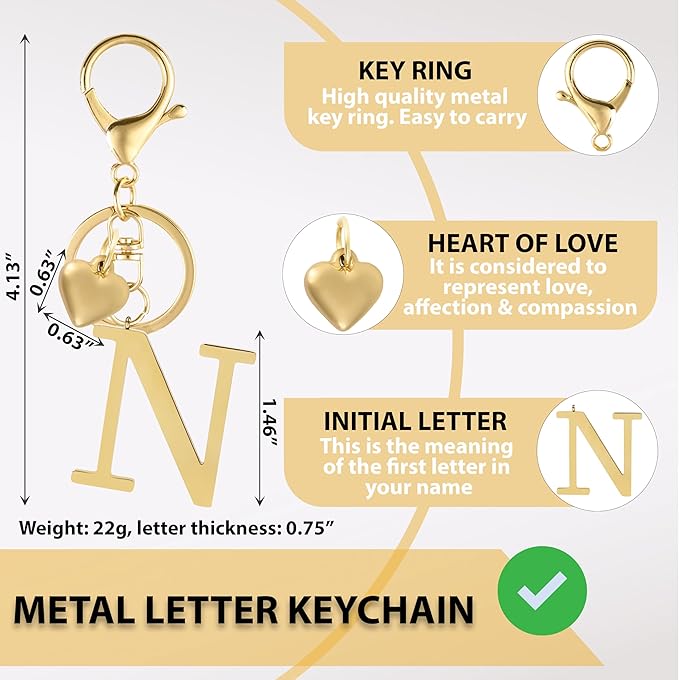 Metal Heart Alphabet Keychain for Women, Girls - Cute Initial Letter Accessories for Purse, Bag Charms and Backpack