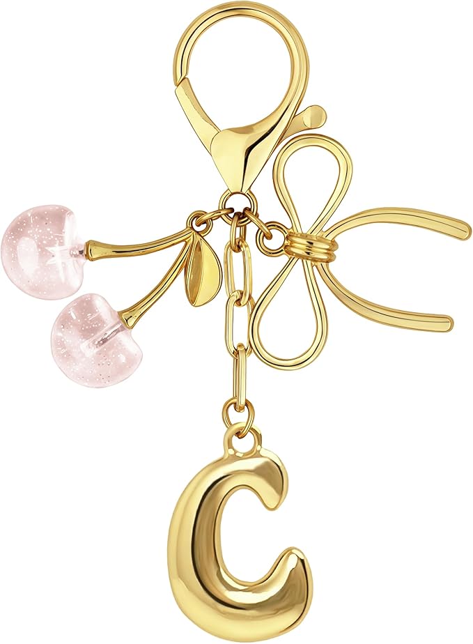 Gold Bubble Heart, Cherry, Bow & More Designs Letter Initial Keychain Bag Charms – Cute Purse Charms for Handbags